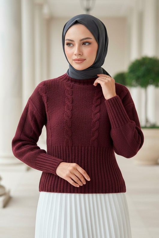 Bel Ribana Örgülü Kazak 0174 - BORDO Bel Ribana Örgülü Kazak 0174 - BORDO