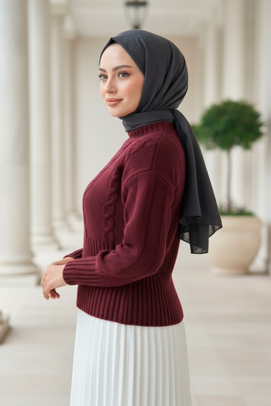 Bel Ribana Örgülü Kazak 0174 - BORDO Bel Ribana Örgülü Kazak 0174 - BORDO
