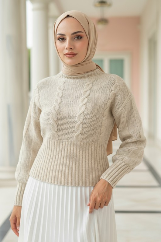 Bel Ribana Örgülü Kazak 0174 - EKRU Bel Ribana Örgülü Kazak 0174 - EKRU