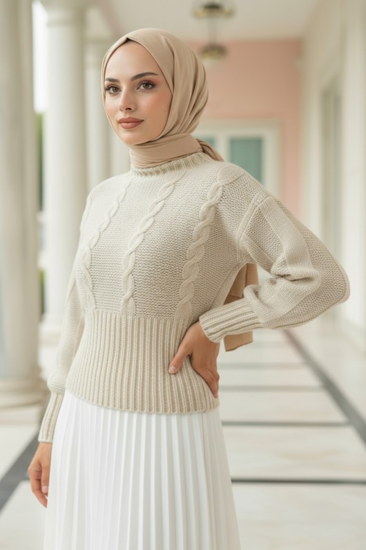 Bel Ribana Örgülü Kazak 0174 - EKRU Bel Ribana Örgülü Kazak 0174 - EKRU