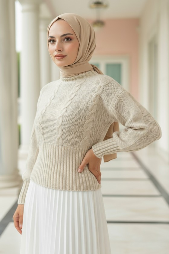 Bel Ribana Örgülü Kazak 0174 - EKRU