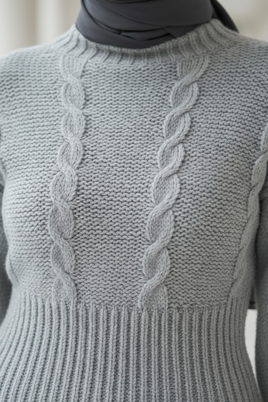 Bel Ribana Örgülü Kazak 0174 - GRİ Bel Ribana Örgülü Kazak 0174 - GRİ