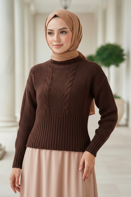 Bel Ribana Örgülü Kazak 0174 - KAHVERENGİ