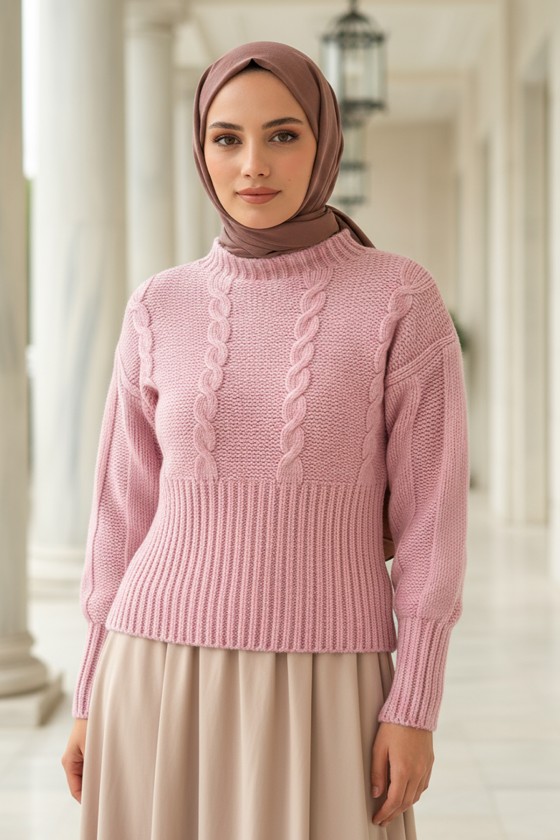 Bel Ribana Örgülü Kazak 0174 - PEMBE