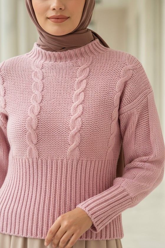 Bel Ribana Örgülü Kazak 0174 - PEMBE