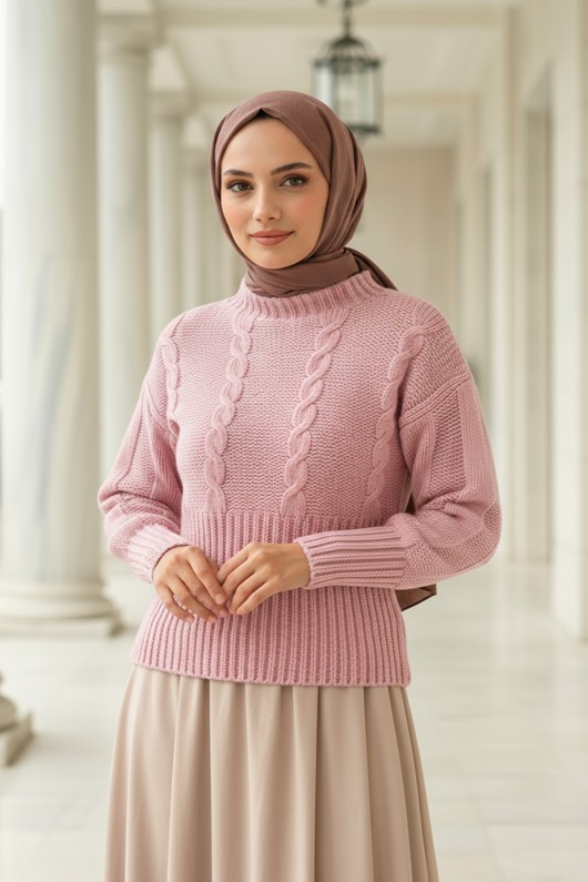 Bel Ribana Örgülü Kazak 0174 - PEMBE Bel Ribana Örgülü Kazak 0174 - PEMBE