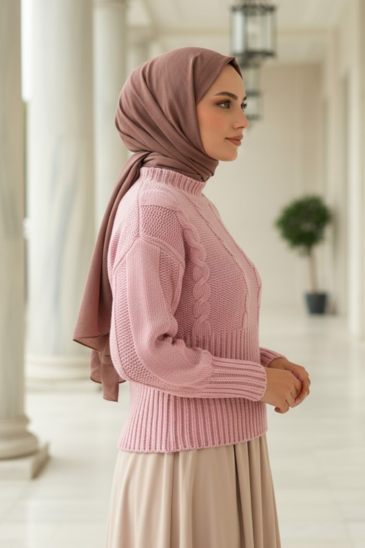 Bel Ribana Örgülü Kazak 0174 - PEMBE Bel Ribana Örgülü Kazak 0174 - PEMBE