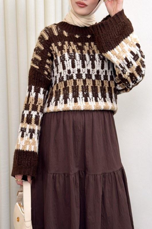 Etnik Desen Örgü Kazak 0688 - KAHVERENGİ