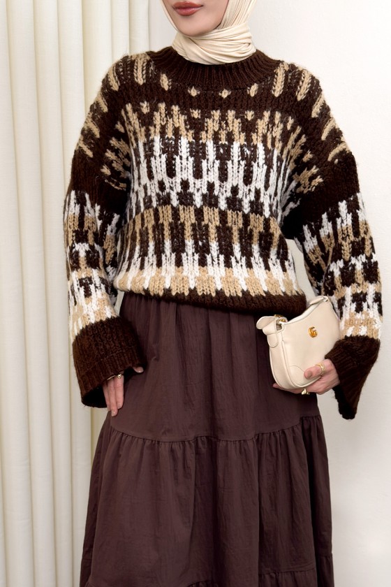 Etnik Desen Örgü Kazak 0688 - KAHVERENGİ