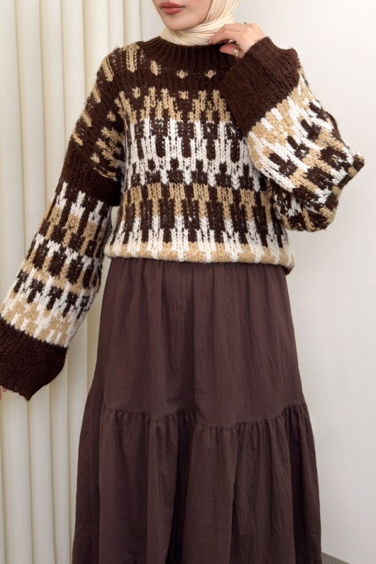 Etnik Desen Örgü Kazak 0688 - KAHVERENGİ