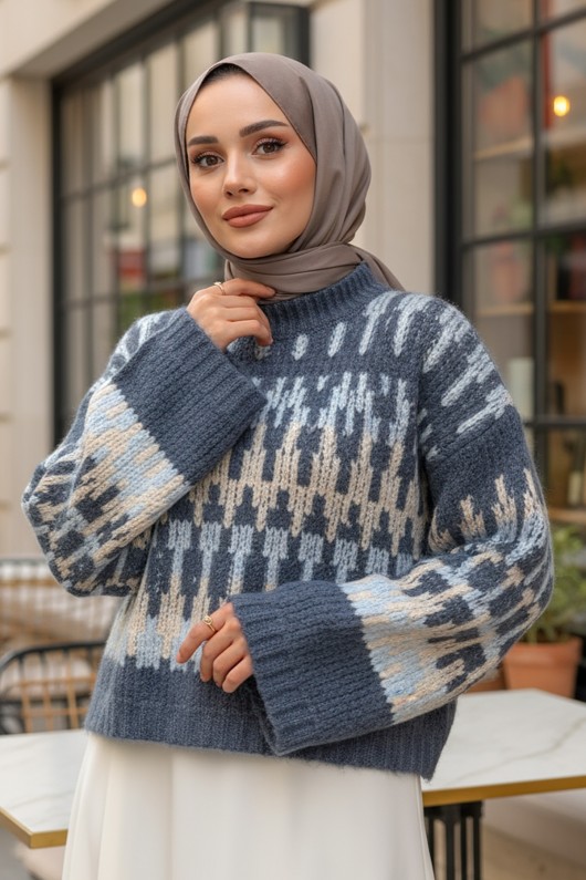 Etnik Desen Örgü Kazak 0688 - MAVİ