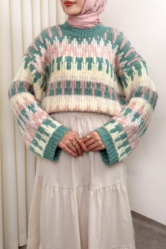 Etnik Desen Örgü Kazak 0688 - MİNT YEŞİLİ