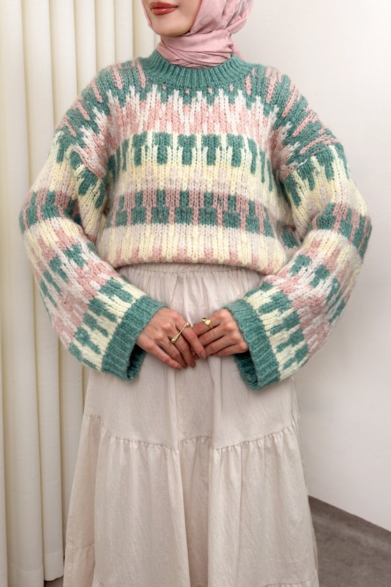 Etnik Desen Örgü Kazak 0688 - MİNT YEŞİLİ