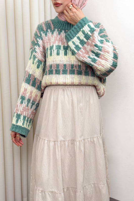 Etnik Desen Örgü Kazak 0688 - MİNT YEŞİLİ