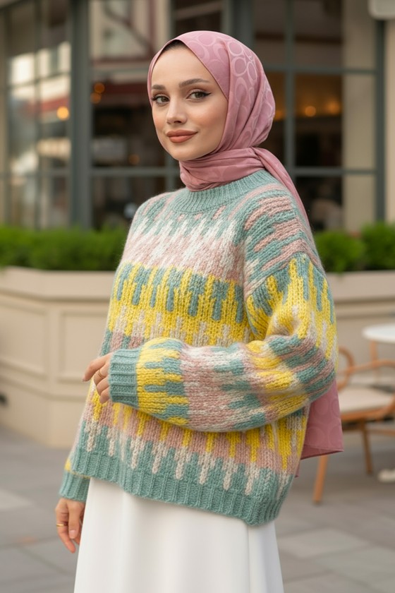 Etnik Desen Örgü Kazak 0688 - SARI