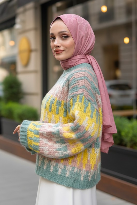 Etnik Desen Örgü Kazak 0688 - SARI