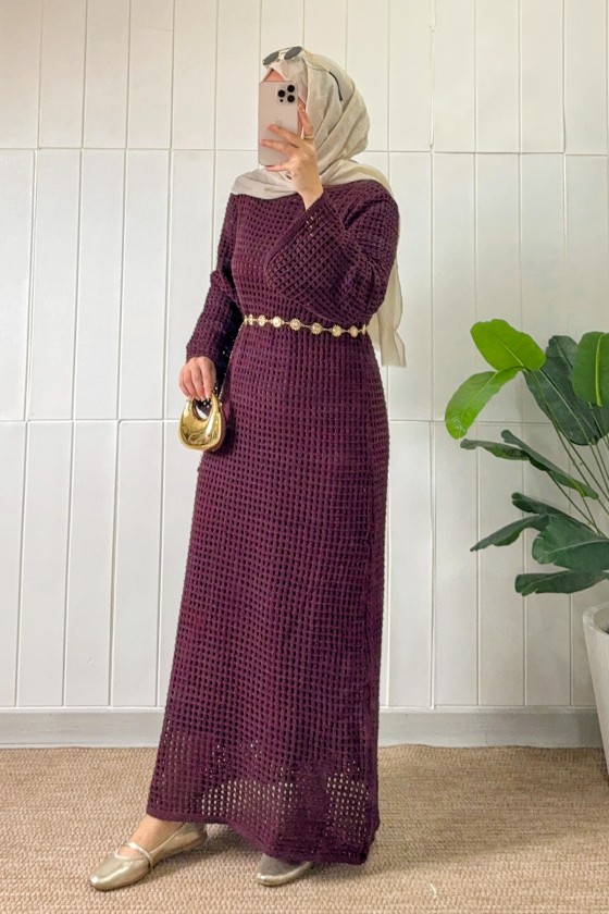 Ajurlu Triko Elbise 070336 - BORDO