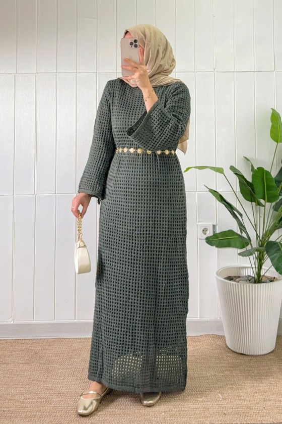 Ajurlu Triko Elbise 070336 - HAKİ