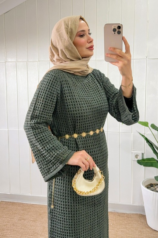 Ajurlu Triko Elbise 070336 - HAKİ