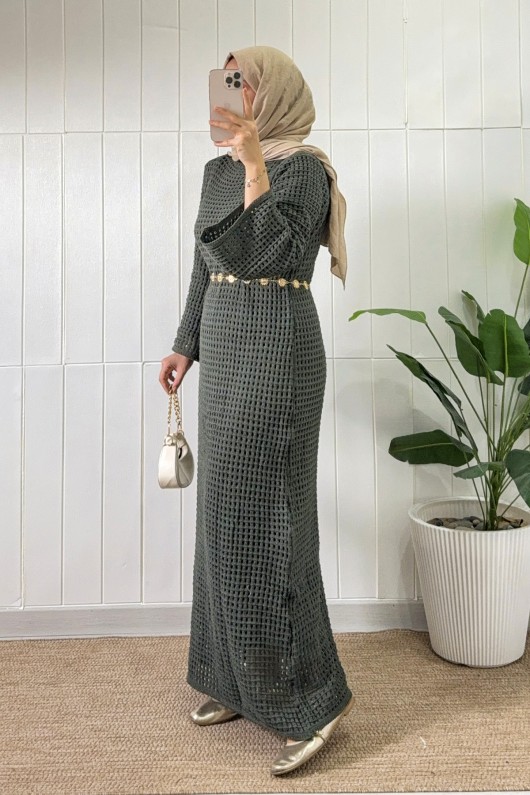 Ajurlu Triko Elbise 070336 - HAKİ