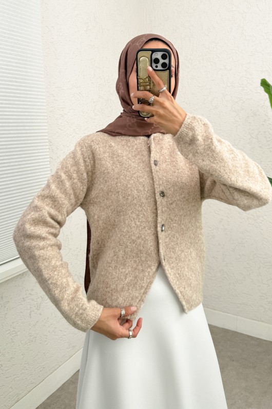 Bisiklet Yaka Düğmeli Triko Hırka 07295 - BEJ