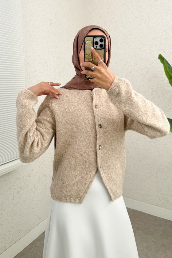 Bisiklet Yaka Düğmeli Triko Hırka 07295 - BEJ