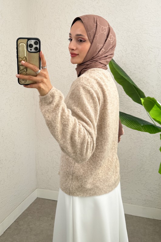 Bisiklet Yaka Düğmeli Triko Hırka 07295 - BEJ