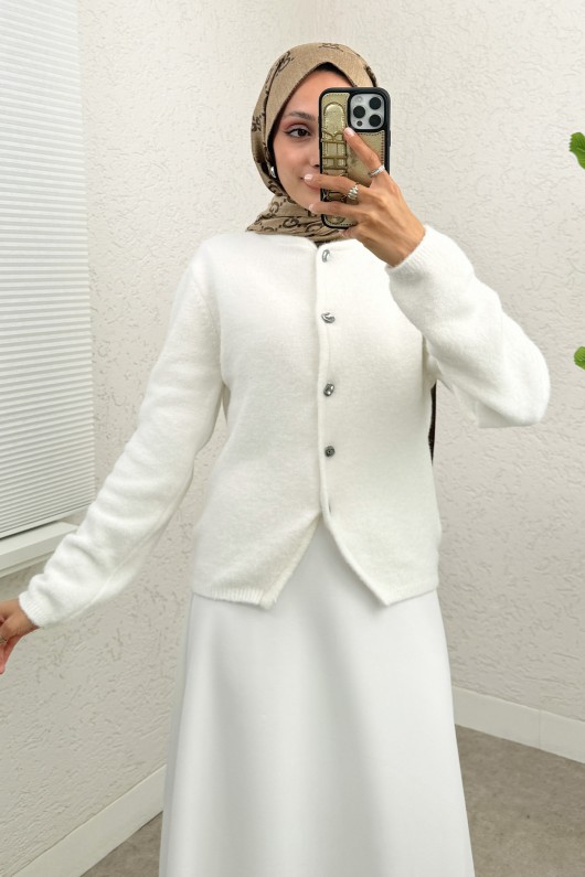 Bisiklet Yaka Düğmeli Triko Hırka 07295 - BEYAZ