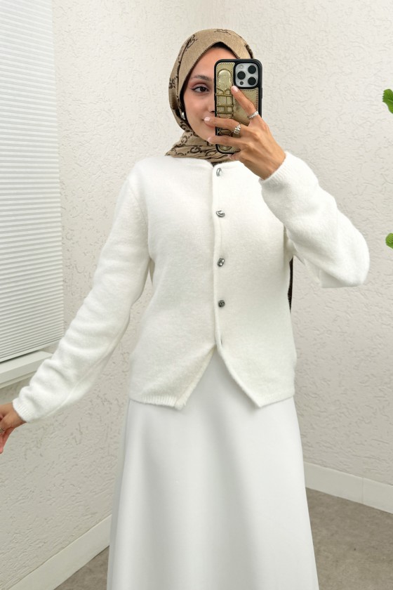 Bisiklet Yaka Düğmeli Triko Hırka 07295 - BEYAZ