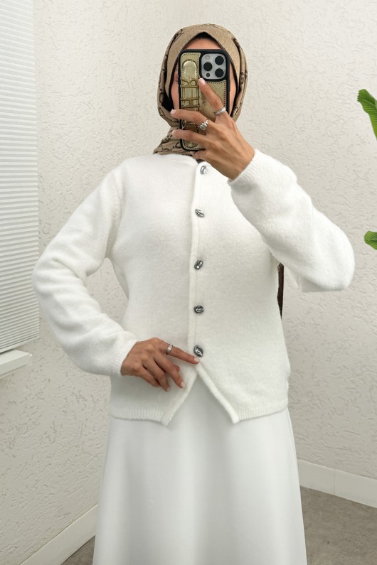 Bisiklet Yaka Düğmeli Triko Hırka 07295 - BEYAZ