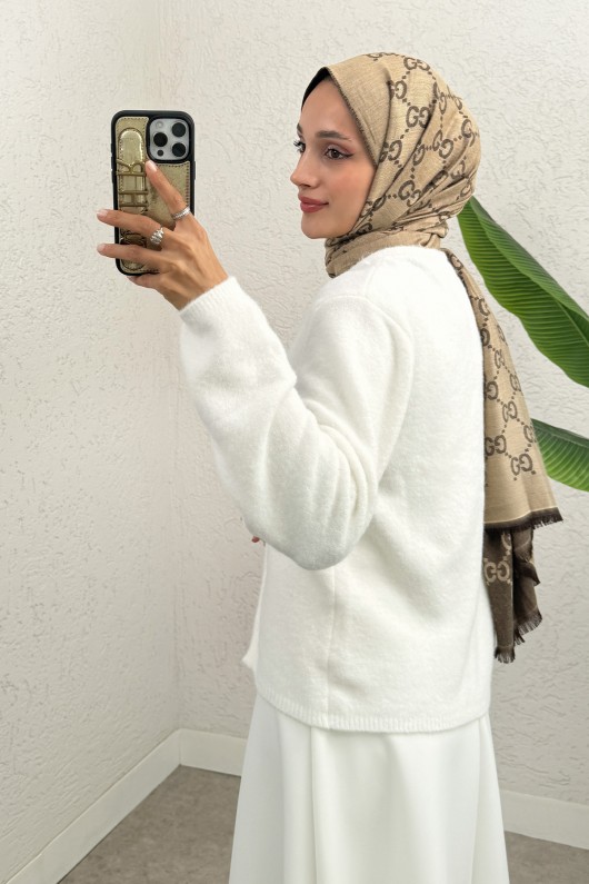 Bisiklet Yaka Düğmeli Triko Hırka 07295 - BEYAZ