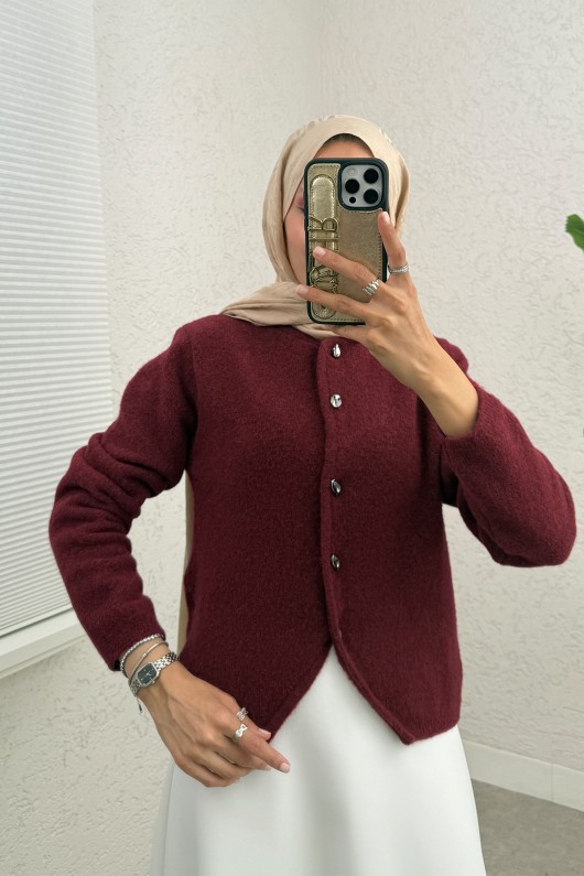 Bisiklet Yaka Düğmeli Triko Hırka 07295 - BORDO Bisiklet Yaka Düğmeli Triko Hırka 07295 - BORDO