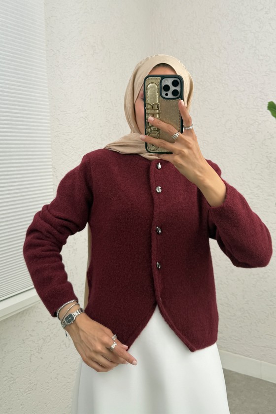 Bisiklet Yaka Düğmeli Triko Hırka 07295 - BORDO