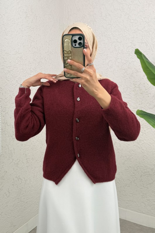 Bisiklet Yaka Düğmeli Triko Hırka 07295 - BORDO Bisiklet Yaka Düğmeli Triko Hırka 07295 - BORDO