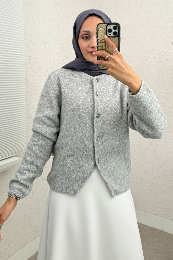 Bisiklet Yaka Düğmeli Triko Hırka 07295 - GRİ