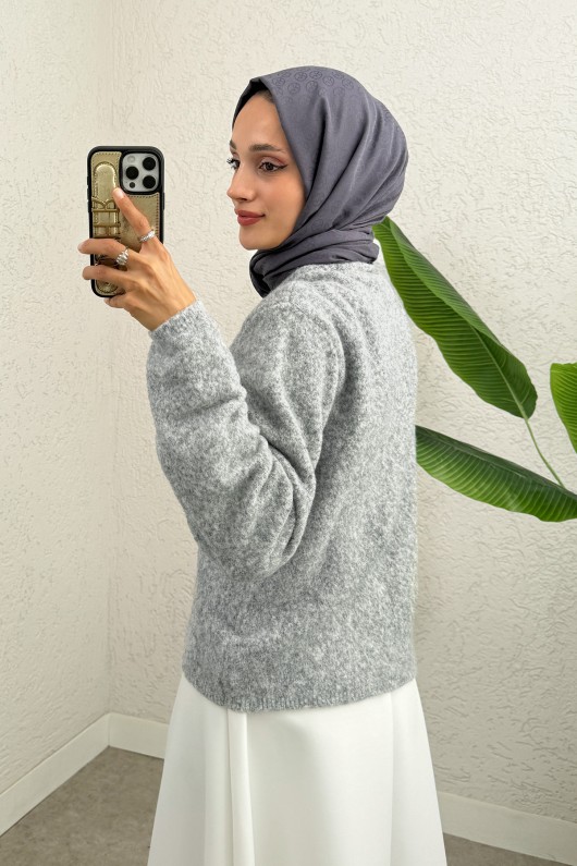 Bisiklet Yaka Düğmeli Triko Hırka 07295 - GRİ