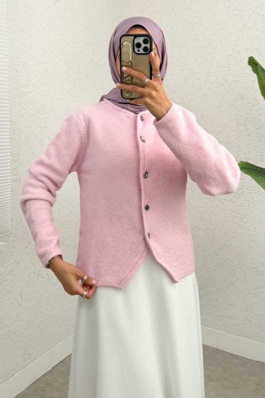 Bisiklet Yaka Düğmeli Triko Hırka 07295 - PEMBE