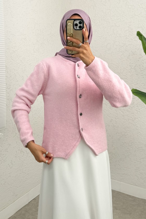 Bisiklet Yaka Düğmeli Triko Hırka 07295 - PEMBE