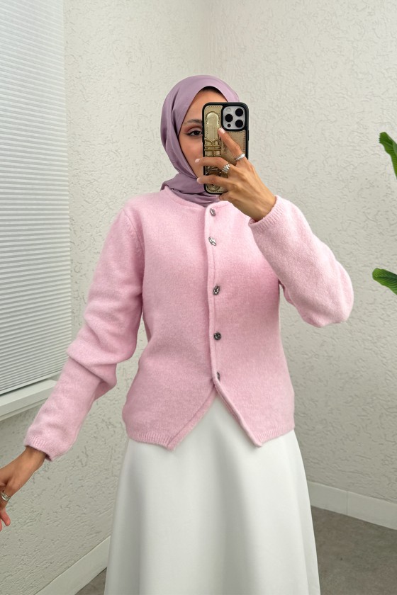 Bisiklet Yaka Düğmeli Triko Hırka 07295 - PEMBE