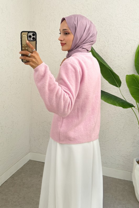 Bisiklet Yaka Düğmeli Triko Hırka 07295 - PEMBE