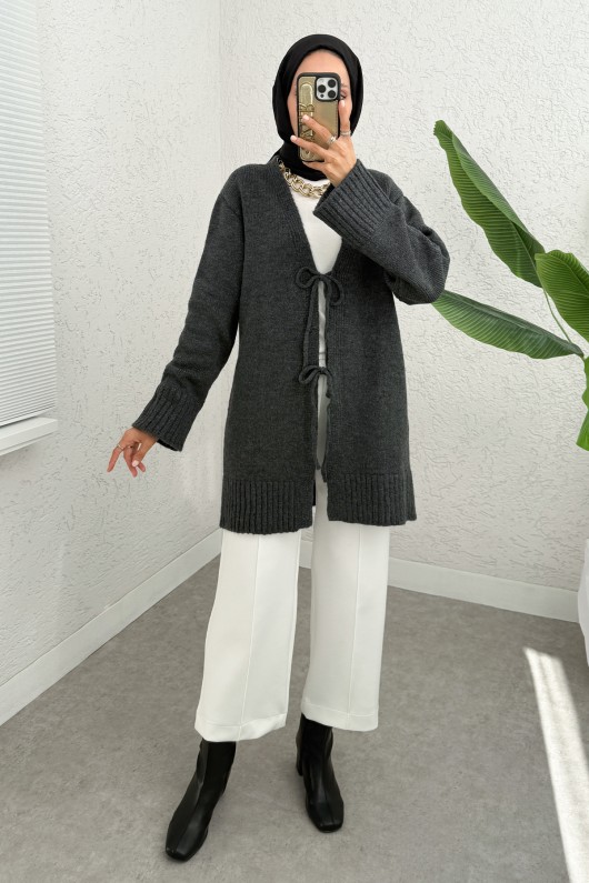 Çift Bağlamalı Düz Kesim Triko Hırka 07307 - ANTRASİT