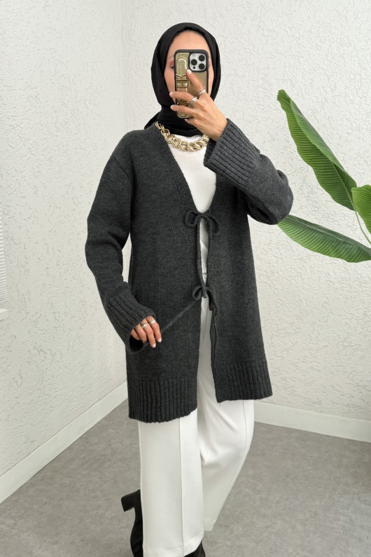 Çift Bağlamalı Düz Kesim Triko Hırka 07307 - ANTRASİT