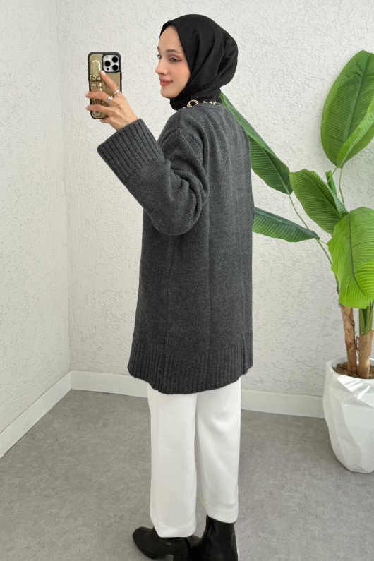 Çift Bağlamalı Düz Kesim Triko Hırka 07307 - ANTRASİT