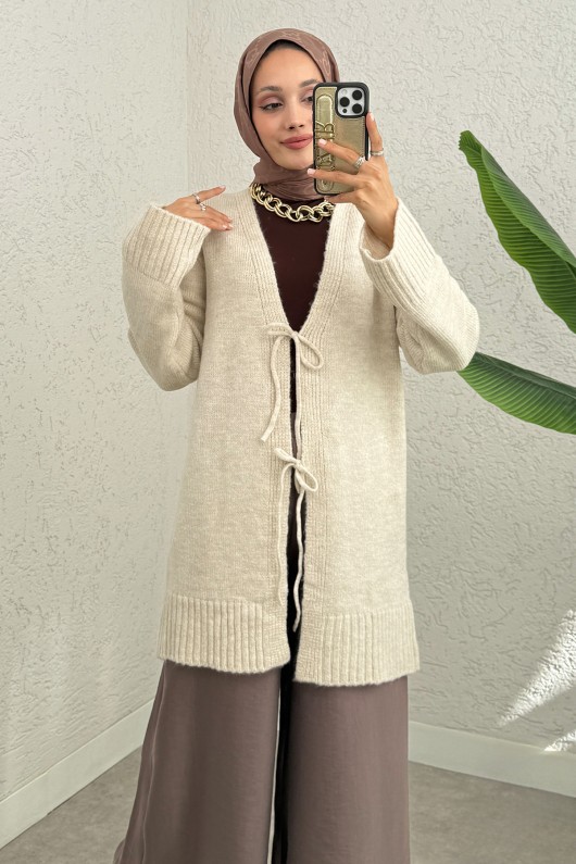 Çift Bağlamalı Düz Kesim Triko Hırka 07307 - BEJ Çift Bağlamalı Düz Kesim Triko Hırka 07307 - BEJ