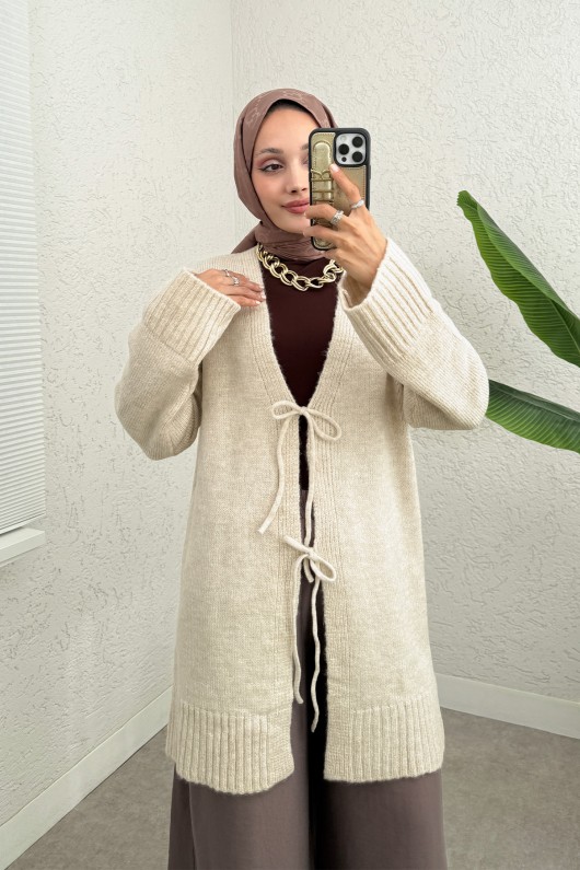 Çift Bağlamalı Düz Kesim Triko Hırka 07307 - BEJ Çift Bağlamalı Düz Kesim Triko Hırka 07307 - BEJ