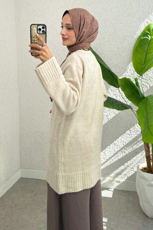 Çift Bağlamalı Düz Kesim Triko Hırka 07307 - BEJ Çift Bağlamalı Düz Kesim Triko Hırka 07307 - BEJ