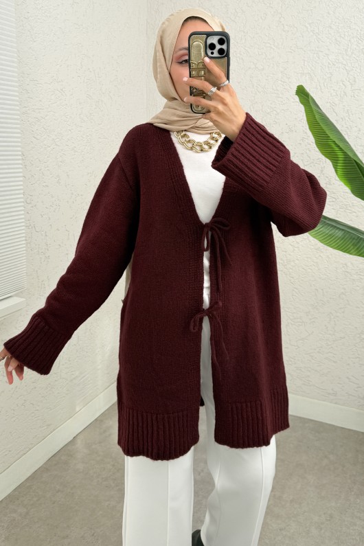 Çift Bağlamalı Düz Kesim Triko Hırka 07307 - BORDO