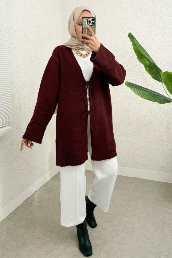 Çift Bağlamalı Düz Kesim Triko Hırka 07307 - BORDO Çift Bağlamalı Düz Kesim Triko Hırka 07307 - BORDO