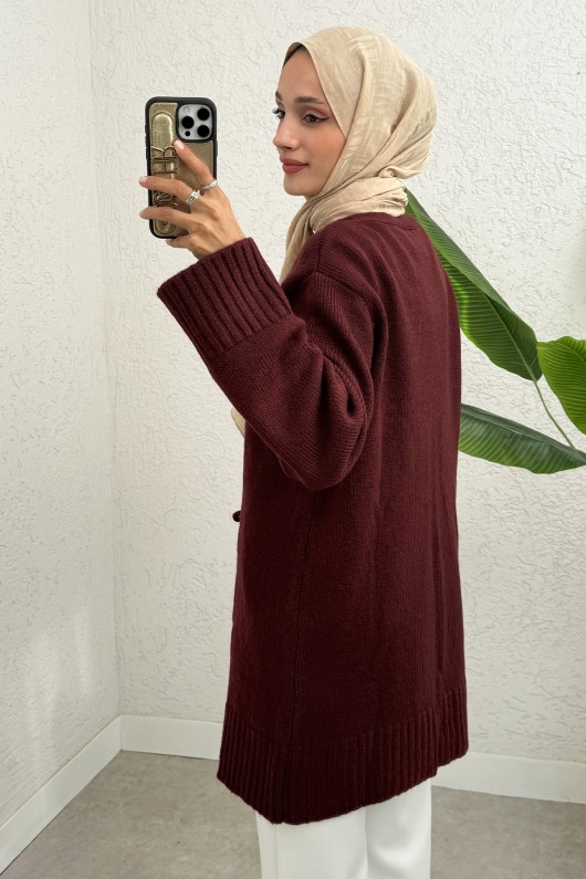 Çift Bağlamalı Düz Kesim Triko Hırka 07307 - BORDO