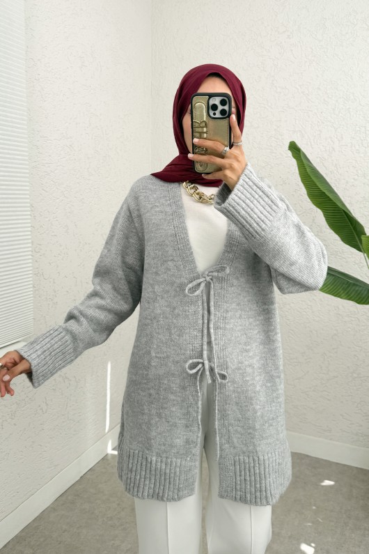 Çift Bağlamalı Düz Kesim Triko Hırka 07307 - GRİ